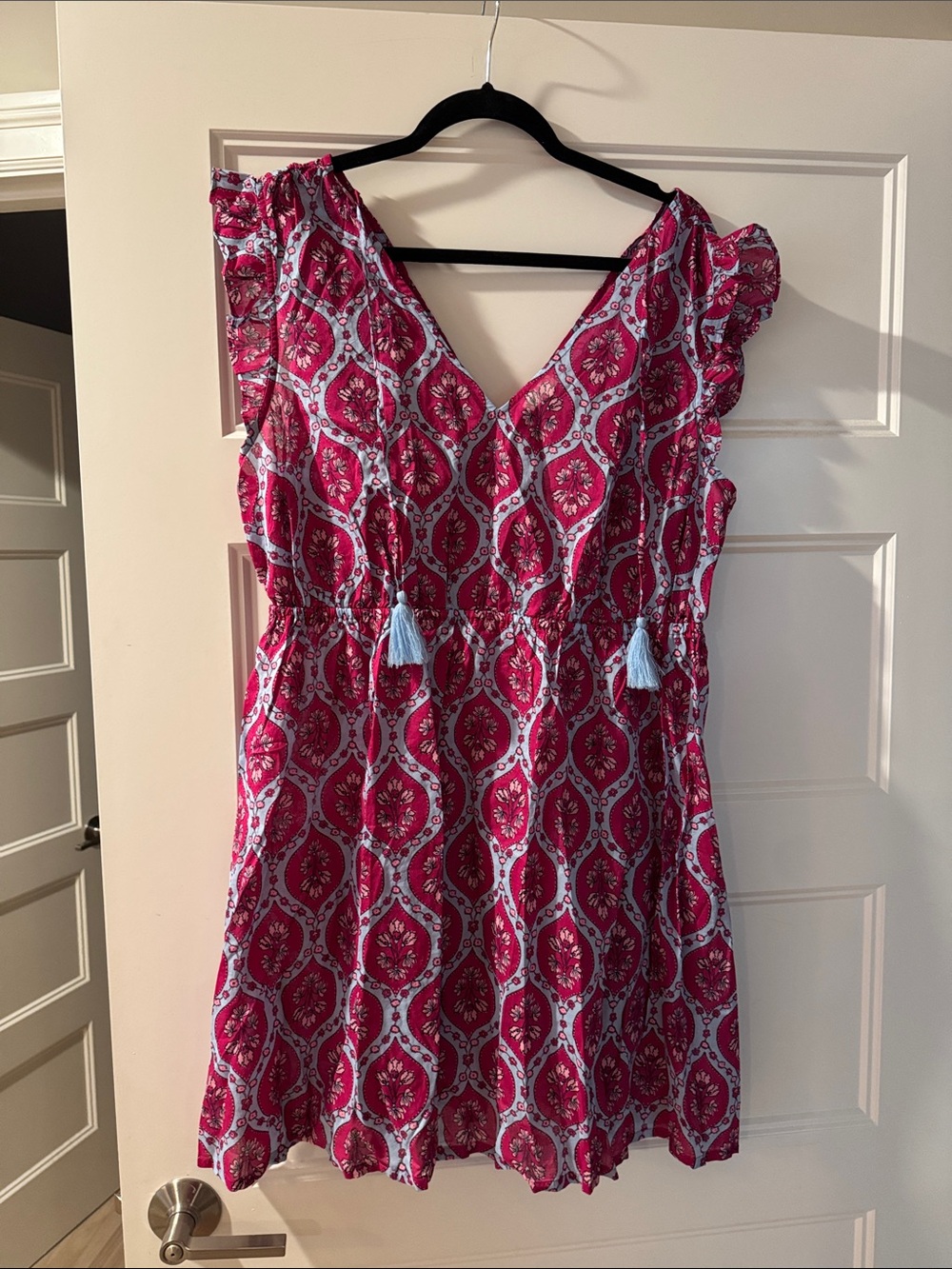 NWT J. Crew Pink Patterned V-Neck Tassel Tie Mini Dress